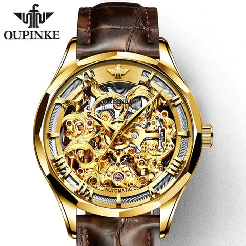 OUPINKE 3168 Men's Luxury Automatic Mechanical Skeleton Watch - Full Gold Brown Leather Strap