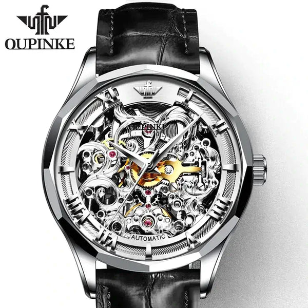 OUPINKE 3168 Men's Luxury Automatic Mechanical Skeleton Watch - Full Silver Black Leather Strap