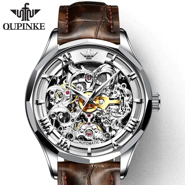 OUPINKE 3168 Men's Luxury Automatic Mechanical Skeleton Watch - Full Silver Brown Leather Strap