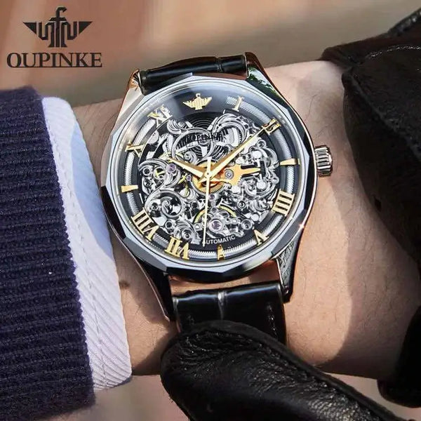 OUPINKE 3168 Men's Luxury Automatic Mechanical Skeleton Watch - Model Picture