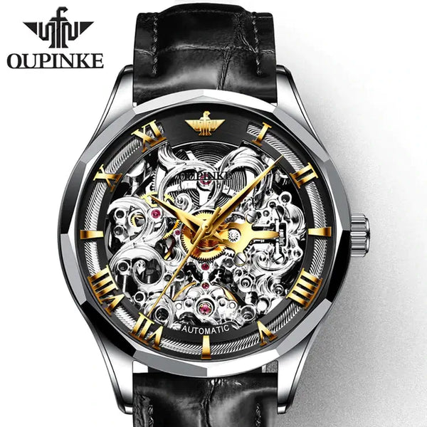 OUPINKE 3168 Men's Luxury Automatic Mechanical Skeleton Watch - Silver Black Black Leather Strap
