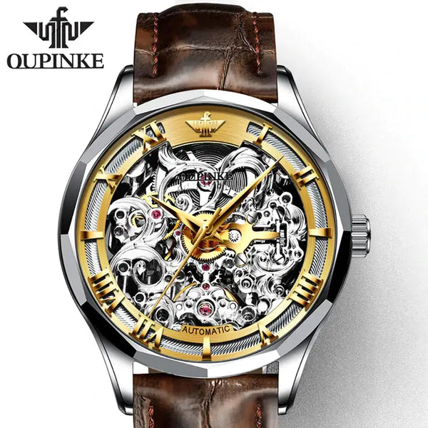 OUPINKE 3168 Men's Luxury Automatic Mechanical Skeleton Watch - Silver Gold Brown Leather Strap