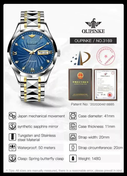 OUPINKE 3169 Men's Luxury Automatic Mechanical Luminous Watch - Specifications