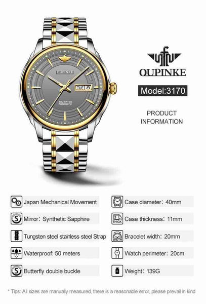 OUPINKE 3170 Men's Luxury Automatic Mechanical Watch - Specifications
