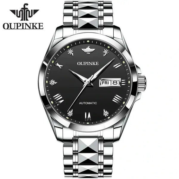 OUPINKE 3171 Men's Luxury Automatic Mechanical Luminous Watch - Silver Black Face