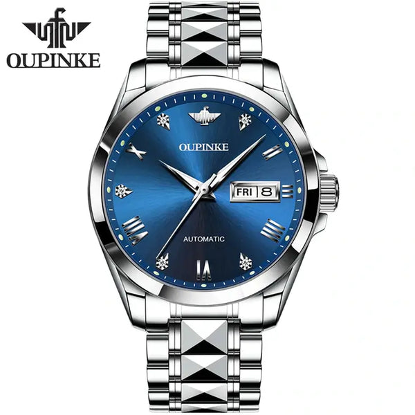 OUPINKE 3171 Men's Luxury Automatic Mechanical Luminous Watch - Silver Blue Face