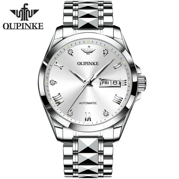 OUPINKE 3171 Men's Luxury Automatic Mechanical Luminous Watch - Silver White Face