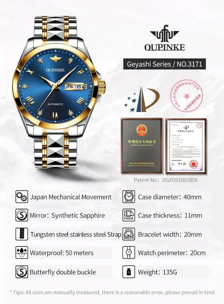 OUPINKE 3171 Men's Luxury Automatic Mechanical Luminous Watch - Specifications