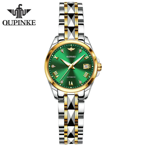 OUPINKE 3171 Women's Luxury Automatic Mechanical Luminous Watch - Two Tone Green Face