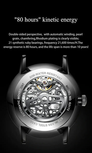 OUPINKE 3173 Men's Luxury Automatic Mechanical Skeleton Watch - Energy Reserve