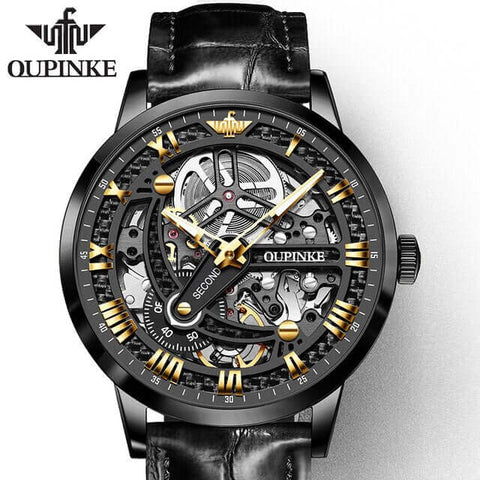 OUPINKE 3173 Men's Luxury Automatic Mechanical Skeleton Watch - Full Black