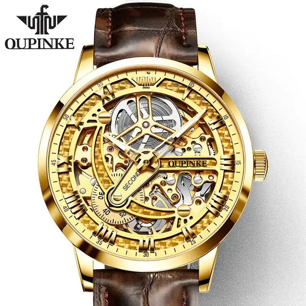 OUPINKE 3173 Men's Luxury Automatic Mechanical Skeleton Watch - Gold