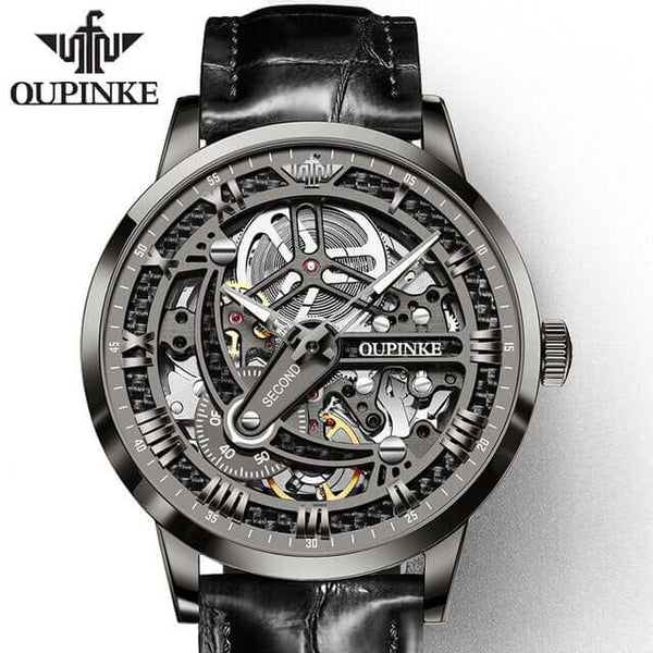OUPINKE 3173 Men's Luxury Automatic Mechanical Skeleton Watch - Gray