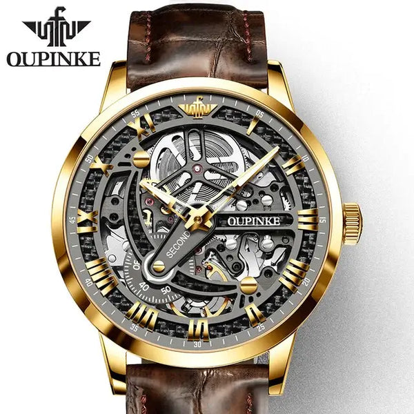 OUPINKE 3173 Men's Luxury Automatic Mechanical Skeleton Watch - Gold Gray