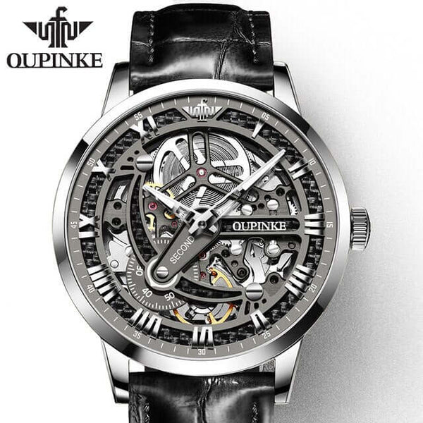 OUPINKE 3173 Men's Luxury Automatic Mechanical Skeleton Watch - Silver Gray
