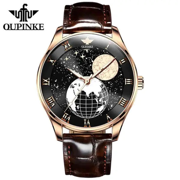 OUPINKE 3177 Men's Luxury Automatic Mechanical Luminous Moon Phase Watch - Gold Black Face Brown Leather Strap