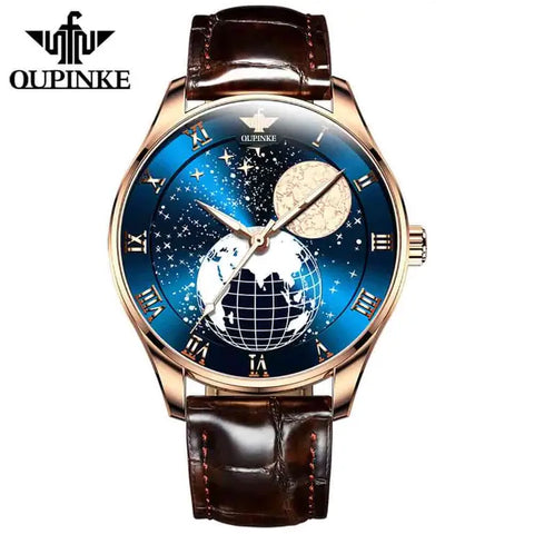 OUPINKE 3177 Men's Luxury Automatic Mechanical Luminous Moon Phase Watch - Gold Blue Face Brown Leather Strap