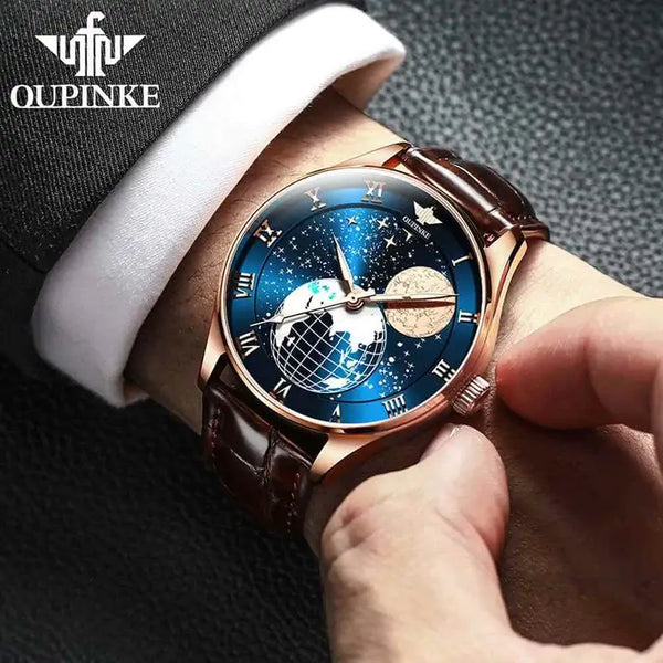 OUPINKE 3177 Men's Luxury Automatic Mechanical Luminous Moon Phase Watch - Model Picture Gold Blue Face