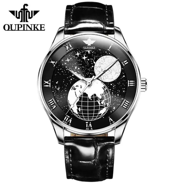 OUPINKE 3177 Men's Luxury Automatic Mechanical Luminous Moon Phase Watch - Silver Black Face Black Leather Strap