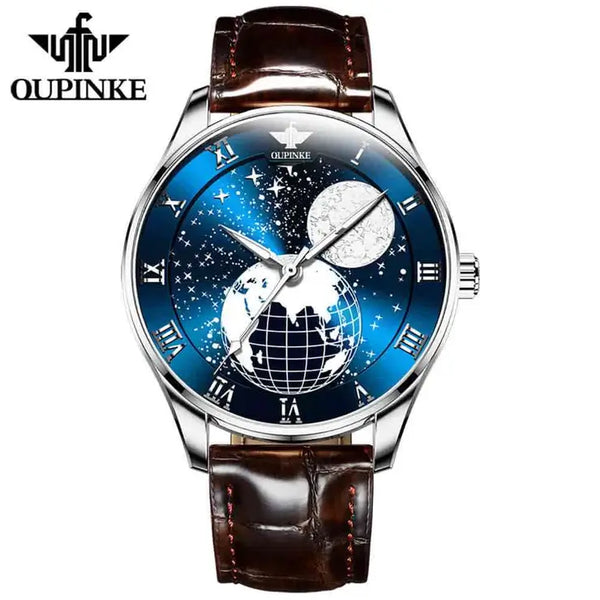 OUPINKE 3177 Men's Luxury Automatic Mechanical Luminous Moon Phase Watch - Silver Blue Face Brown Leather Strap