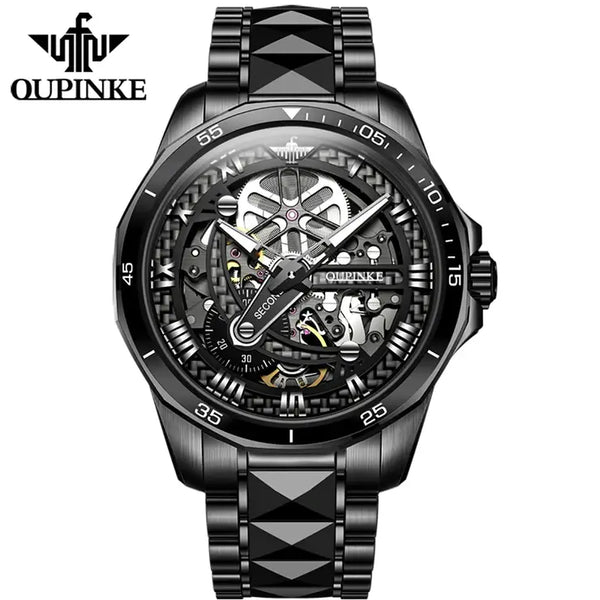 OUPINKE 3178 Men's Luxury Automatic Mechanical Skeleton Design Luminous Watch - Full Black
