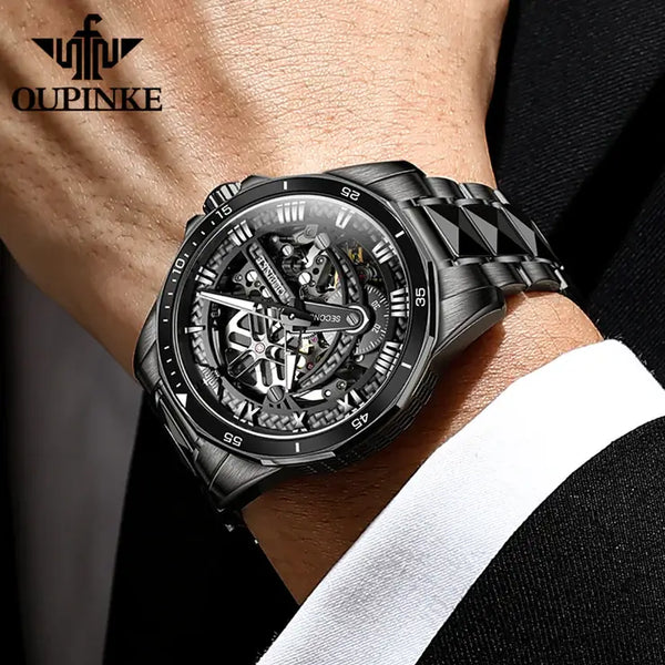 OUPINKE 3178 Men's Luxury Automatic Mechanical Skeleton Design Luminous Watch - Model Picture Full Black