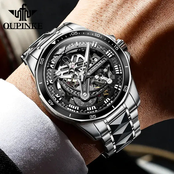 OUPINKE 3178 Men's Luxury Automatic Skeleton Design Luminous Wristwatch
