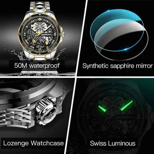 OUPINKE 3178 Men's Luxury Automatic Mechanical Skeleton Design Luminous Watch – Multiple Features