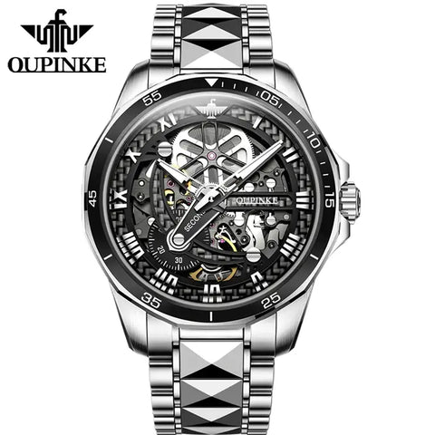 OUPINKE 3178 Men's Luxury Automatic Mechanical Skeleton Design Luminous Watch - Silver Black Face