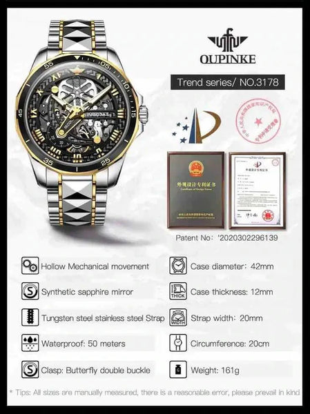 OUPINKE 3178 Men's Luxury Automatic Mechanical Skeleton Design Luminous Watch – Specifications