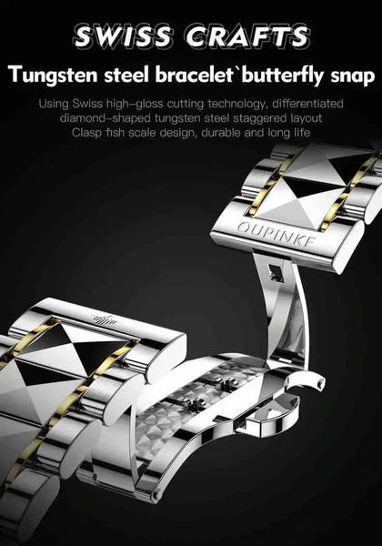 OUPINKE 3178 Men's Luxury Automatic Mechanical Skeleton Design Luminous Watch - Tungsten Steel Strap