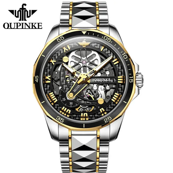 OUPINKE 3178 Men's Luxury Automatic Mechanical Skeleton Design Luminous Watch - Two Tone Black Face