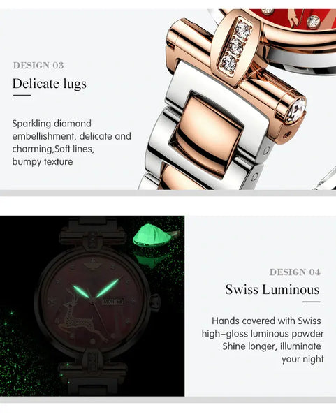 OUPINKE 3180 Women's Luxury Automatic Mechanical Deer Design Luminous Watch - Swiss Luminous