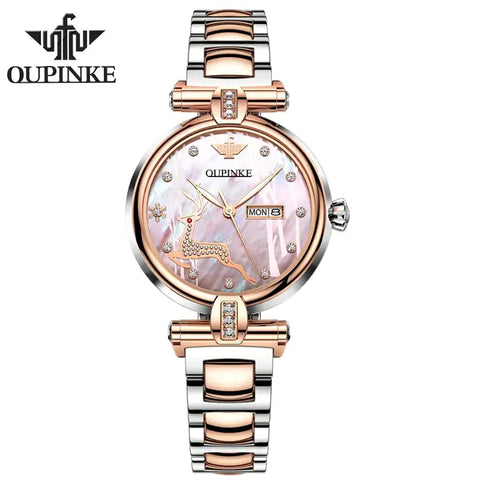 OUPINKE 3180 Women's Luxury Automatic Mechanical Deer Design Luminous Watch - Pink Face 