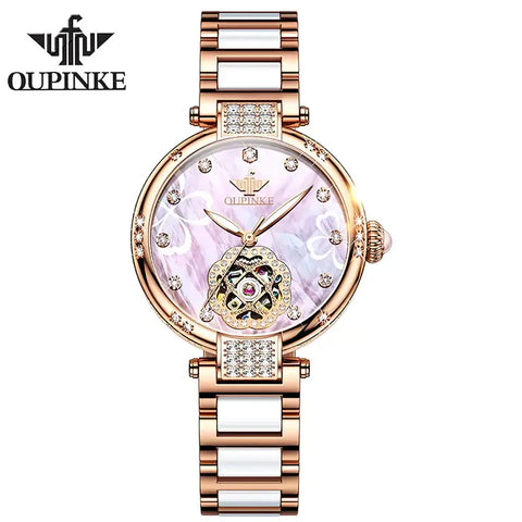 OUPINKE 3183 Women's Luxury Automatic Mechanical Hollow Flower Design Luminous Watch - Pink Face