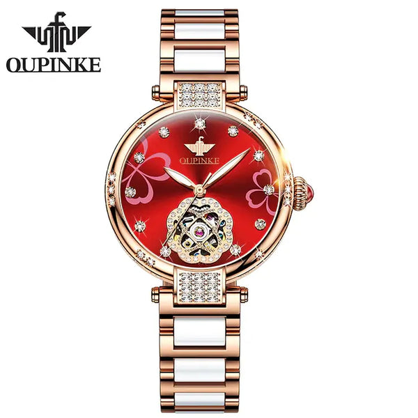 OUPINKE 3183 Women's Luxury Automatic Mechanical Hollow Flower Design Luminous Watch - Red Face