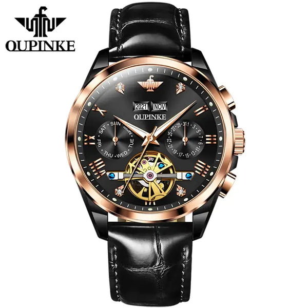 OUPINKE 3186 Men's Luxury Automatic Mechanical Complete Calendar Luminous Watch - Black Rose Gold Black Face Black Leather Strap