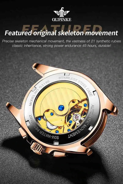 OUPINKE 3186 Men's Luxury Automatic Mechanical Complete Calendar Luminous Watch - Energy Reserve