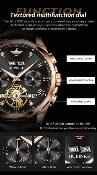OUPINKE 3186 Men's Luxury Automatic Mechanical Complete Calendar Luminous Watch - Features