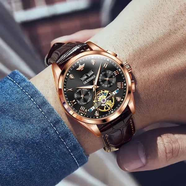 OUPINKE 3186 Men's Luxury Automatic Mechanical Complete Calendar Luminous Watch - Model Picture Rose Gold Black Face