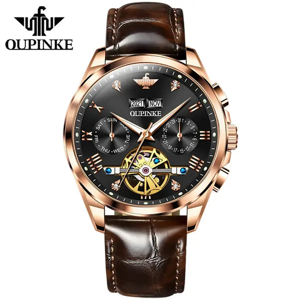 OUPINKE 3186 Men's Luxury Automatic Mechanical Complete Calendar Luminous Watch - Rose Gold Black Face Brown Leather Strap
