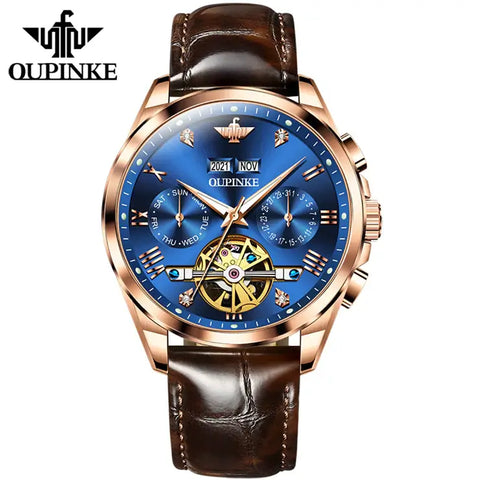 OUPINKE 3186 Men's Luxury Automatic Mechanical Complete Calendar Luminous Watch - Rose Gold Blue Face Brown Leather Strap