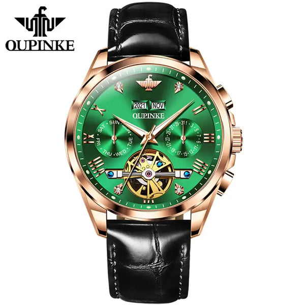 OUPINKE 3186 Men's Luxury Automatic Mechanical Complete Calendar Luminous Watch - Rose Gold Green Face Black Leather Strap