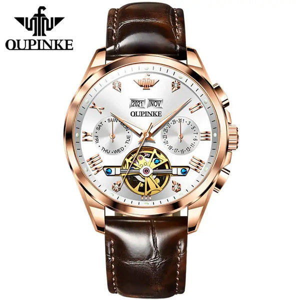 OUPINKE 3186 Men's Luxury Automatic Mechanical Complete Calendar Luminous Watch - Rose Gold White Face Brown Leather Strap