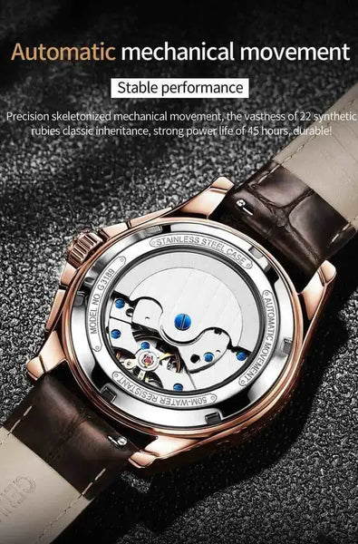 OUPINKE 3189 Men's Luxury Automatic Mechanical Complete Calendar Moon Phase Watch - Energy Reserve