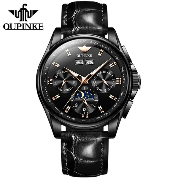 OUPINKE 3189 Men's Luxury Automatic Mechanical Complete Calendar Moon Phase Watch - Full Black