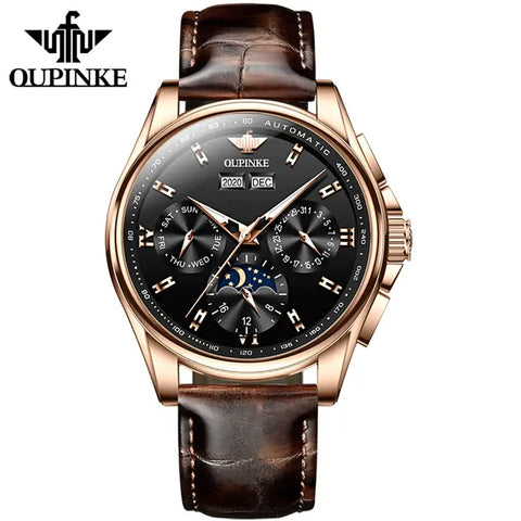 OUPINKE 3189 Men's Luxury Automatic Mechanical Complete Calendar Moon Phase Watch - Rose Gold Black Face Brown Leather Strap