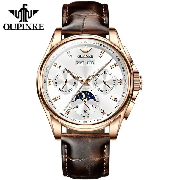 OUPINKE 3189 Men's Luxury Automatic Mechanical Complete Calendar Moon Phase Watch - Rose Gold White Face Brown Leather Strap