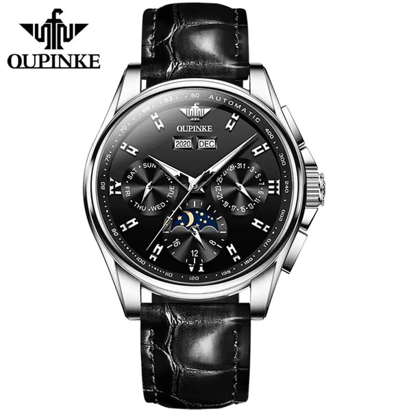OUPINKE 3189 Men's Luxury Automatic Mechanical Complete Calendar Moon Phase Watch - Silver Black Face Black Leather Strap