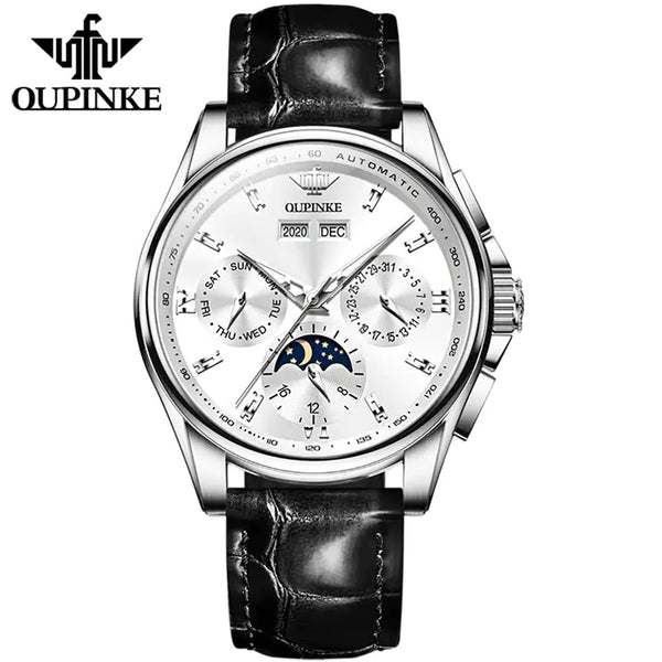 OUPINKE 3189 Men's Luxury Automatic Mechanical Complete Calendar Moon Phase Watch - Silver White Face Black Leather Strap